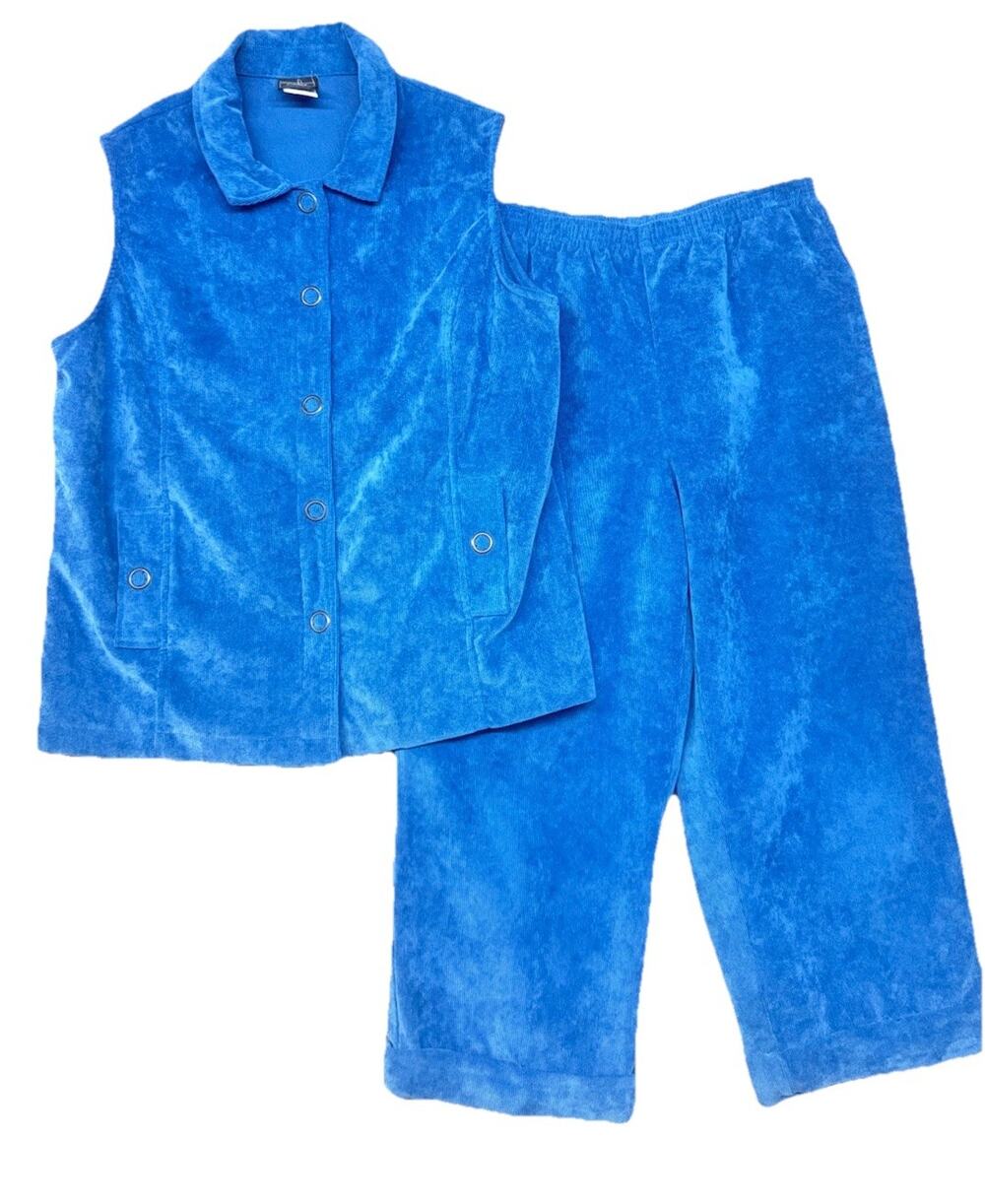 Southern Lady Set Pant Vest size 10 Pull On Elastic Waist PocketsCorduroy Blue